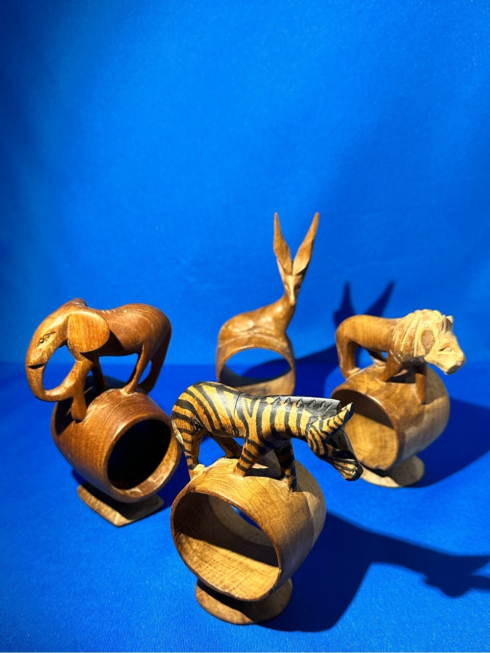Vintage African Teak Safari Animal Napkin Holders Lion Zebra Elephant Gazelle